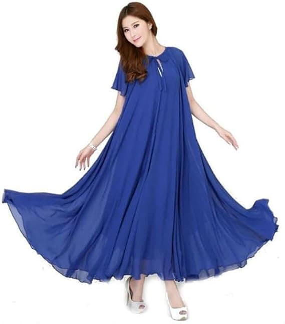 Women's Chiffon Short Sleeve Maxi Dress with Lining, Blue