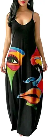 Women's Graphic Print Maxi Dress - Loose Fit Long Sundress with Spaghetti Straps with no pockets
