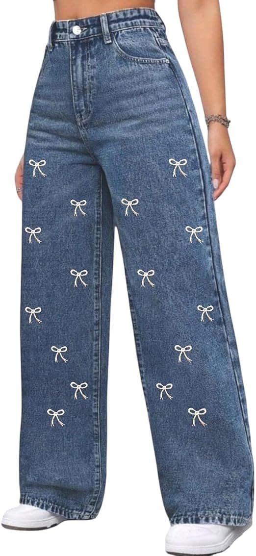 Wide Leg Jeans With Bow Tie Printed - Medium Blue Denim Wash