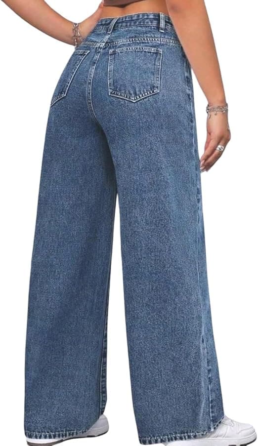 Wide Leg Jeans With Bow Tie Printed - Medium Blue Denim Wash — view 1