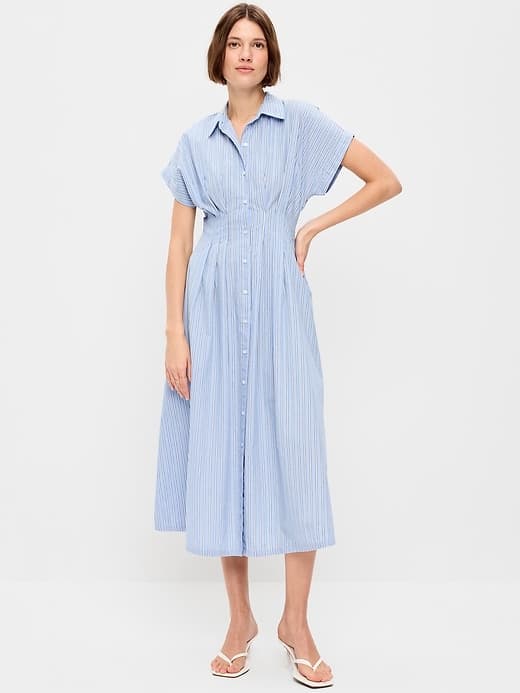 Pintuck-Waist Midi Shirt Dress