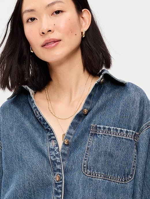 Oversized Boyfriend Button-Down Jean Shirt — view 4